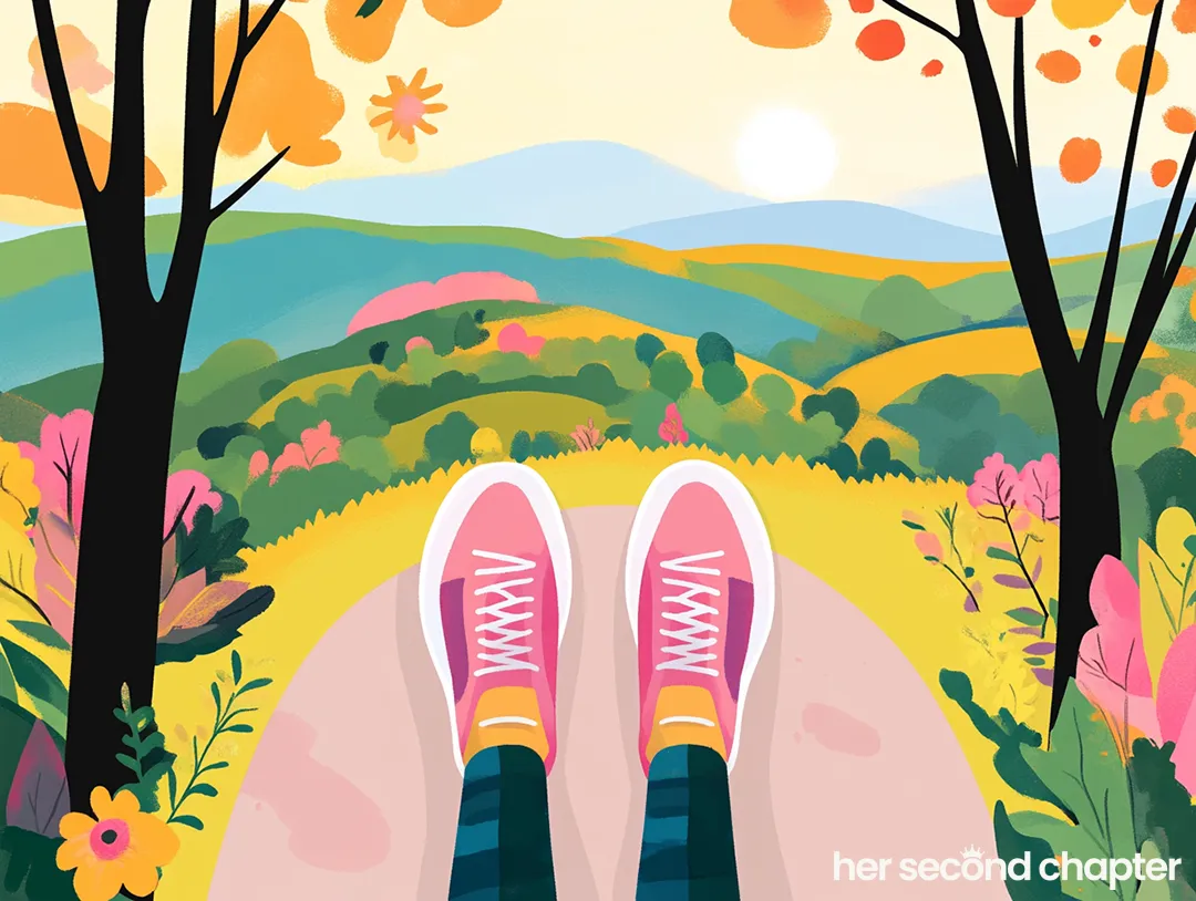 A first-person view of pink sneakers on a path overlooking a bright, colorful landscape of hills and trees, representing the journey of launching a dream in midlife.