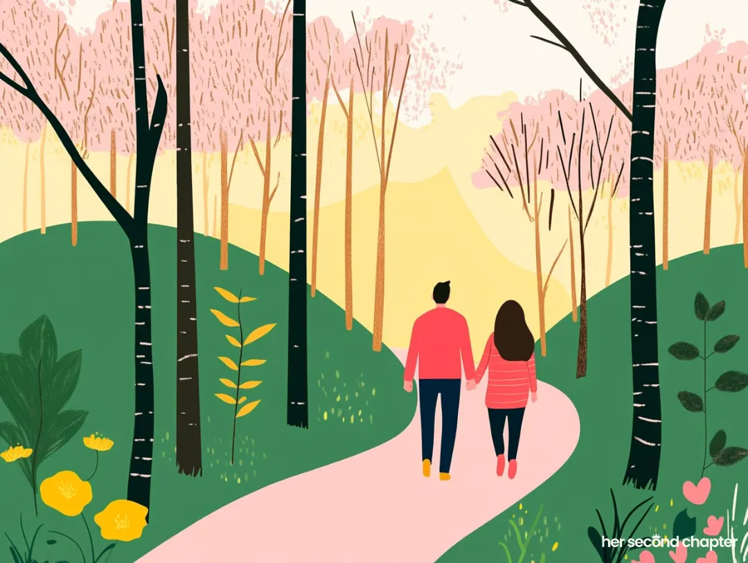 vector illustration of a couple walking along a forest path at sunrise, symbolizing how to walk with Jesus everyday