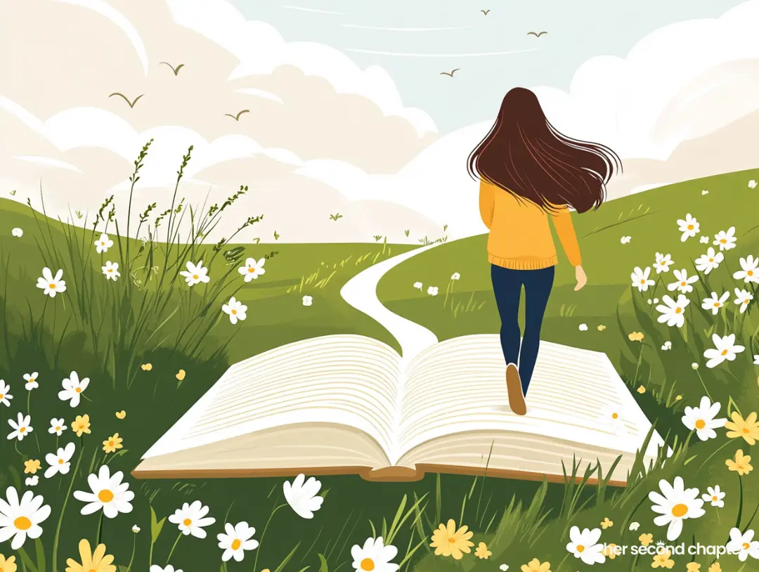 Woman walking on a path shaped like a book, symbolizing being redeemed by His grace