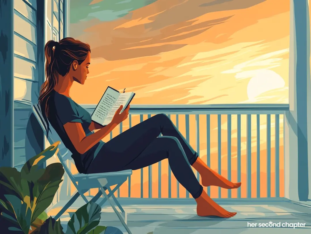 Illustration of a woman sitting barefoot on a porch at sunrise, reading a book with peaceful focus. The calm setting represents the practice of investing in Jesus through stillness, presence, and connection in ordinary moments.