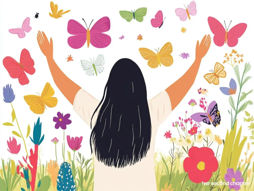 vector illustration of a woman standing in the middle of a field with outstretched hands. She is surrounded by butterfiles representing God's extra blessings