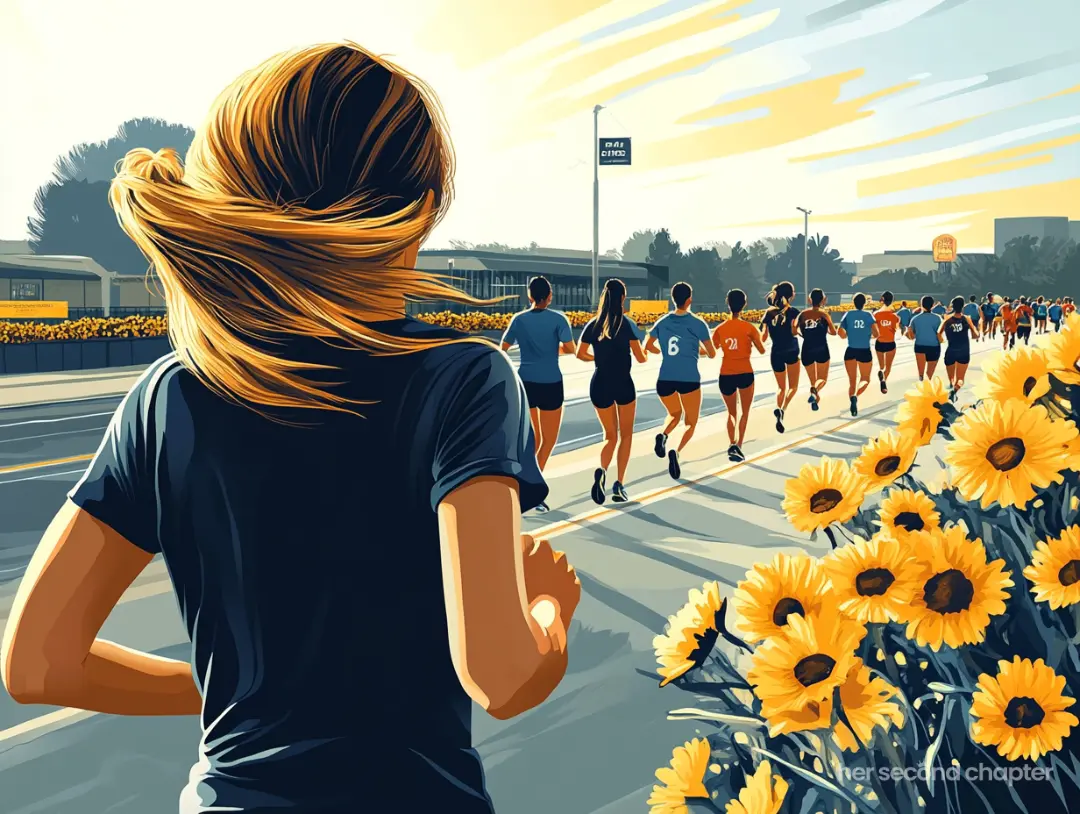 vector illustration of a woman running in a race, she is behind everyone else. This image is a visual representation of being behind in life