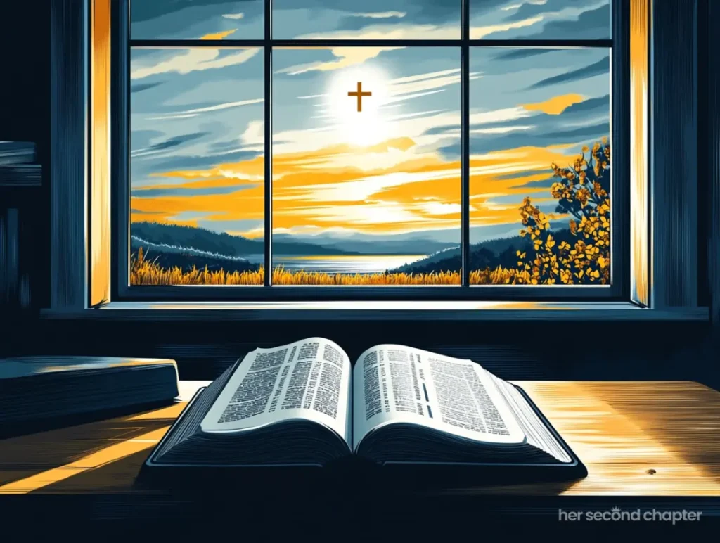 Vector illustration of an open bible sitting on a table in front of a window. There is a small glowing cross hovering above the open bible