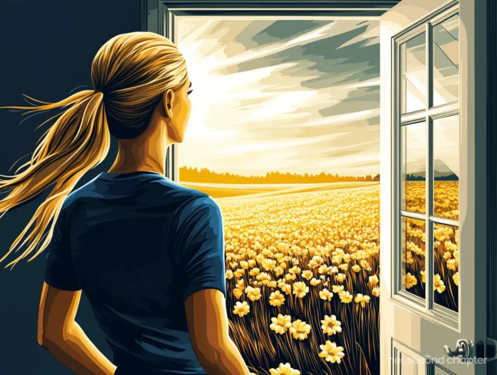 vector illustration of a woman who feels behind in life, looking through an open door at a sunlit field of wildflowers, realizing that she's not behind in life after all