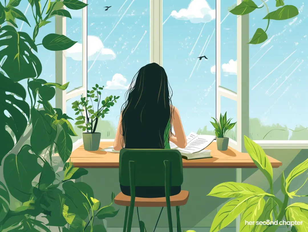vector illustration of a woman sitting at a desk in front of a window writing in her journal. She is writing down her dreams for her life because she is not afraid to dream anymore