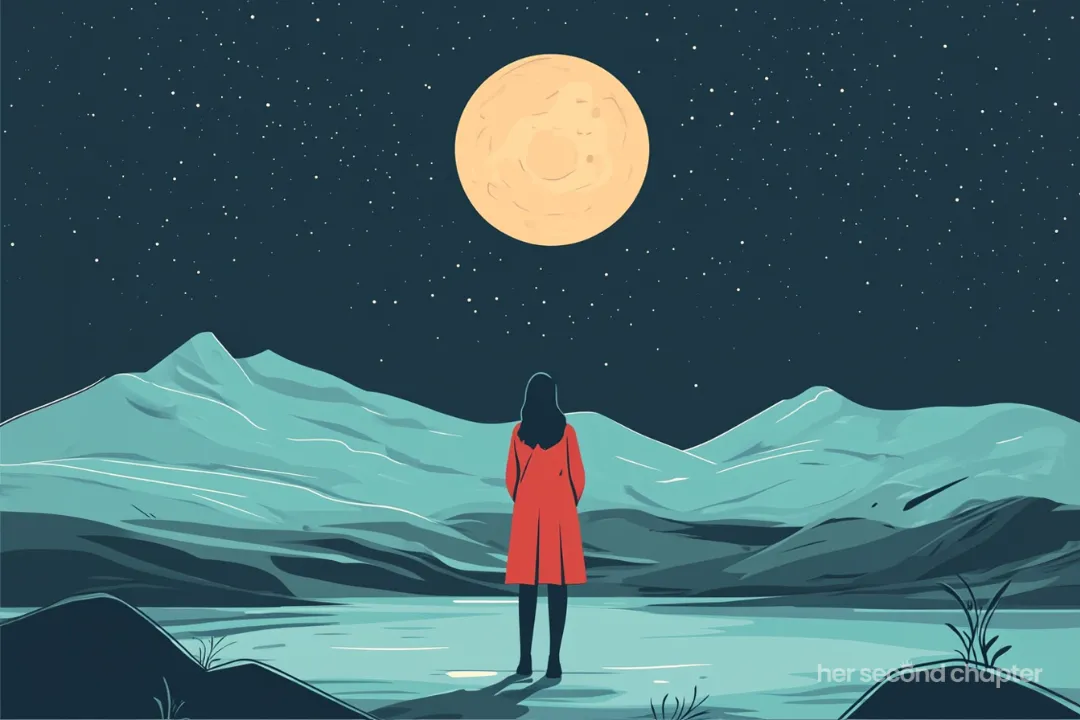 Vector illustration of a woman in a red coat standing in the middle of a desert landscape at night. The woman is looking up at the moon. The image represents the idea that it's okay not to be okay.