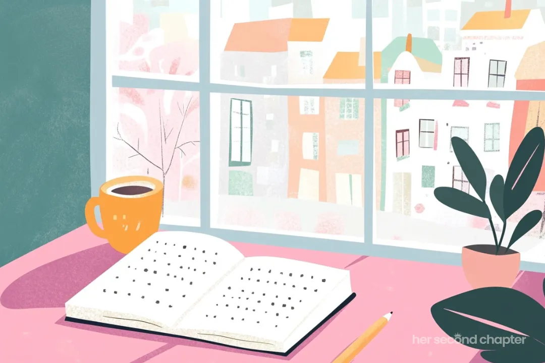 Vector illustration of a table in front of a window. On the table is an open journal with handwriting on the pages. A pen is beside the journal. The journal represents one of the key elements in the cure for a restless spirit