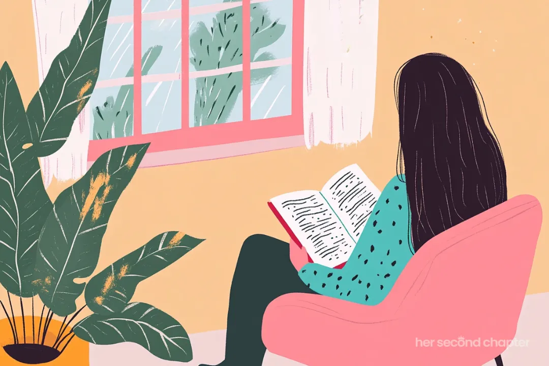 Vector illustration of a woman sitting in a char in front of a window reading her Bible. Represents seeking God as way of easing her restless spirit.