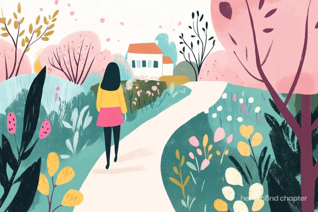 Vector illustration of a woman walking along a peaceful garden path, representing a spirit that is at peace