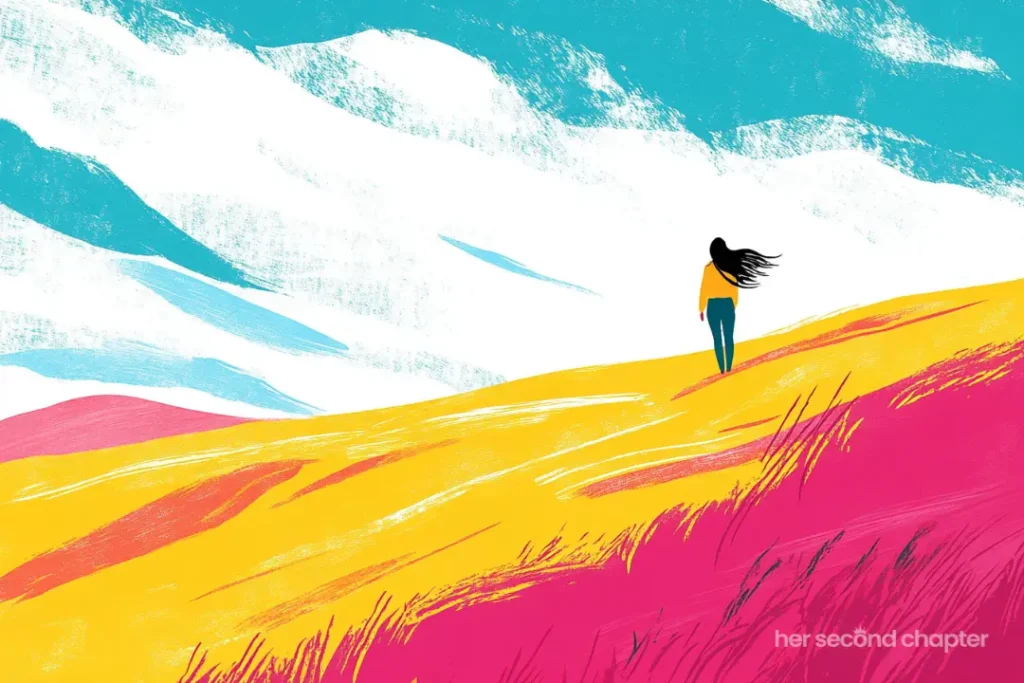 If it matters to you it matters to God - vector illustration of a woman standing on a hillside in the distance with her hair blowing in the wind