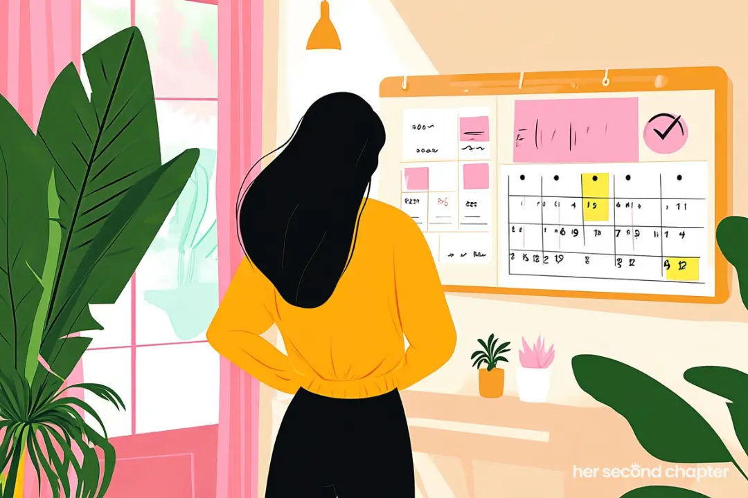 vector illustration of a woman standing in front of a jam packed calendar feeling overwhelmed and not sure where to start