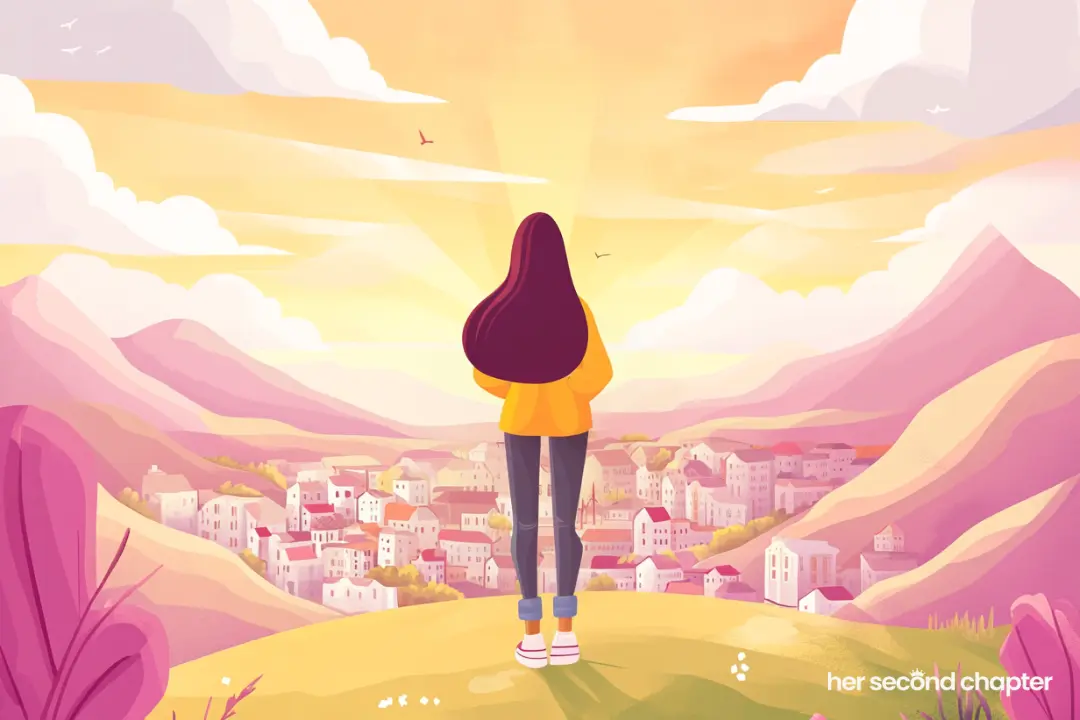 Vector illustration of a woman standing on a hill overlooking a city representing God having good things planned for our life