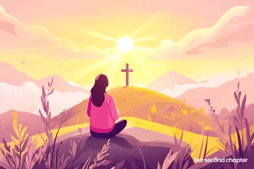 vector illustration of a woman sitting on a rock looking up at a cross on a hill. The sun is rising over the hills. The illustration represents a feeling of freedom and being fully forgiven