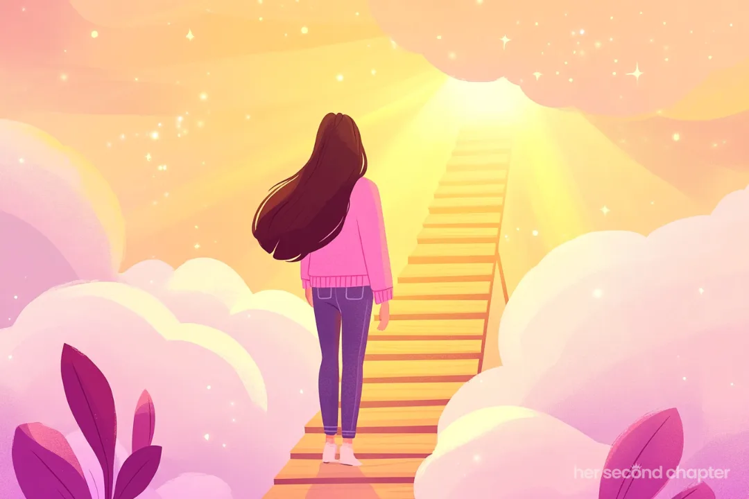 Vector illustration of a woman climbing a long staircase that stretches out of sight. This images represents the idea of success being a long climb rather than sudden.